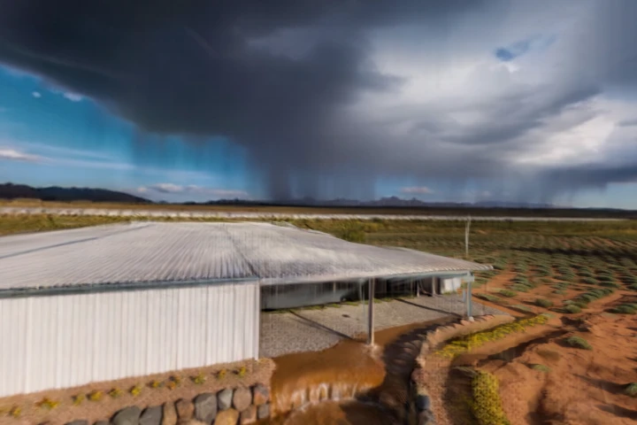 Monsoon storm over Spirit Land with lightning and water harvesting
