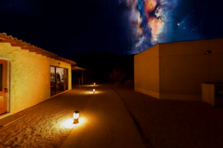 Night walk between studio and server building under the Milky Way