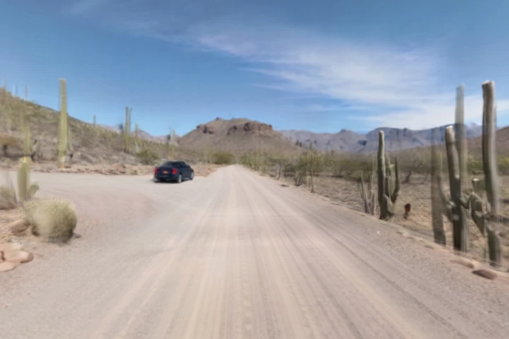 Approaching Spirit Land on a gravel road through the Sonoran Desert